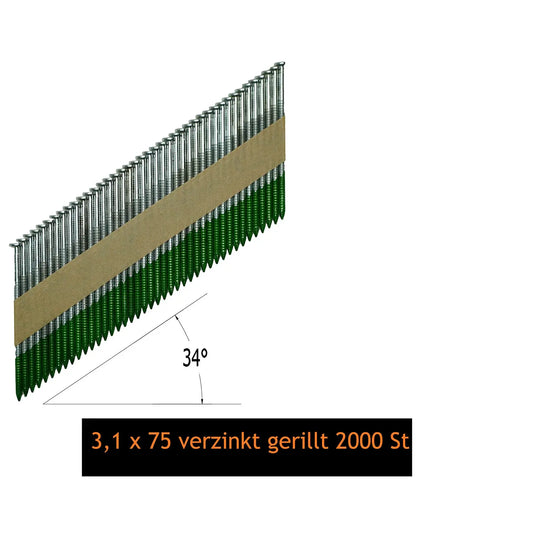 Streifennägel 3,1 x 75mm, 2000 Stück, verzinkt, gerillt 34° D-Kopf für IM90 BeA Senco Prebena Hikoki Milwaukee Hilti WS-Werkzeughandel