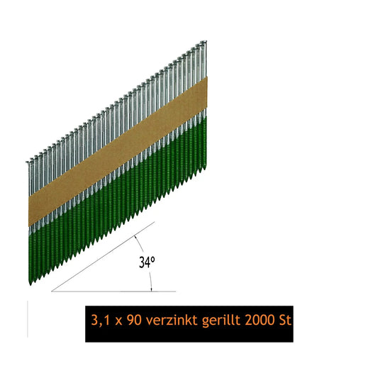 Streifennägel 3,1 x 90mm, 2000 Stück, verzinkt, gerillt 34° D-Kopf für IM90 BeA Senco Prebena Hikoki Milwaukee Hilti WS-Werkzeughandel