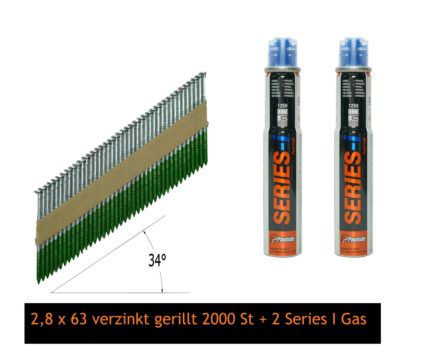 2000 Stück Streifennägel 2,8 x 63 mm, verzinkt, gerillt 34° D-Kopf + 2 Stück Paslode Series I Gas WS-Werkzeughandel