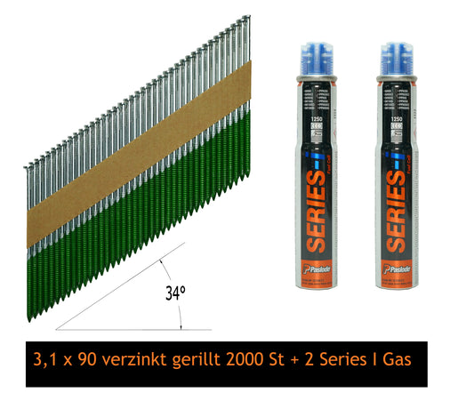 2000 Stück Streifennägel 3,1 x 90mm, verzinkt, gerillt 34° D-Kopf + 2 Stück Paslode Series I Gas WS-Werkzeughandel