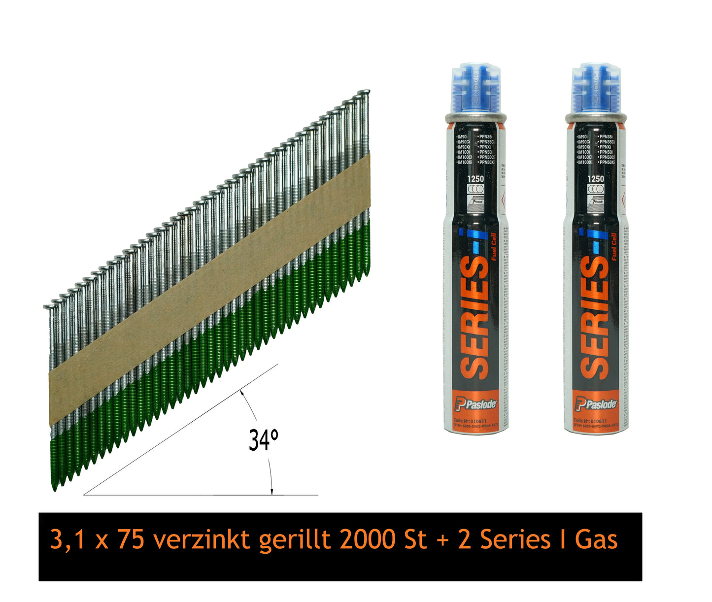 2000 Stück Streifennägel 3,1 x 75 mm, verzinkt, gerillt 34° D-Kopf + 2 Stück Paslode Series I Gas WS-Werkzeughandel