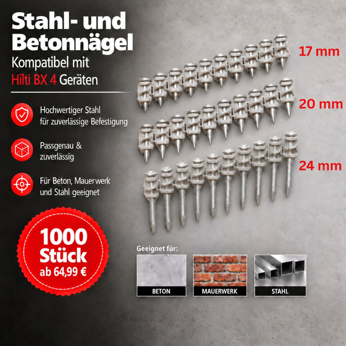 Stahl-und Betonnägel kompatibel mit BX 4 - 1000 Stück WS-Werkzeughandel