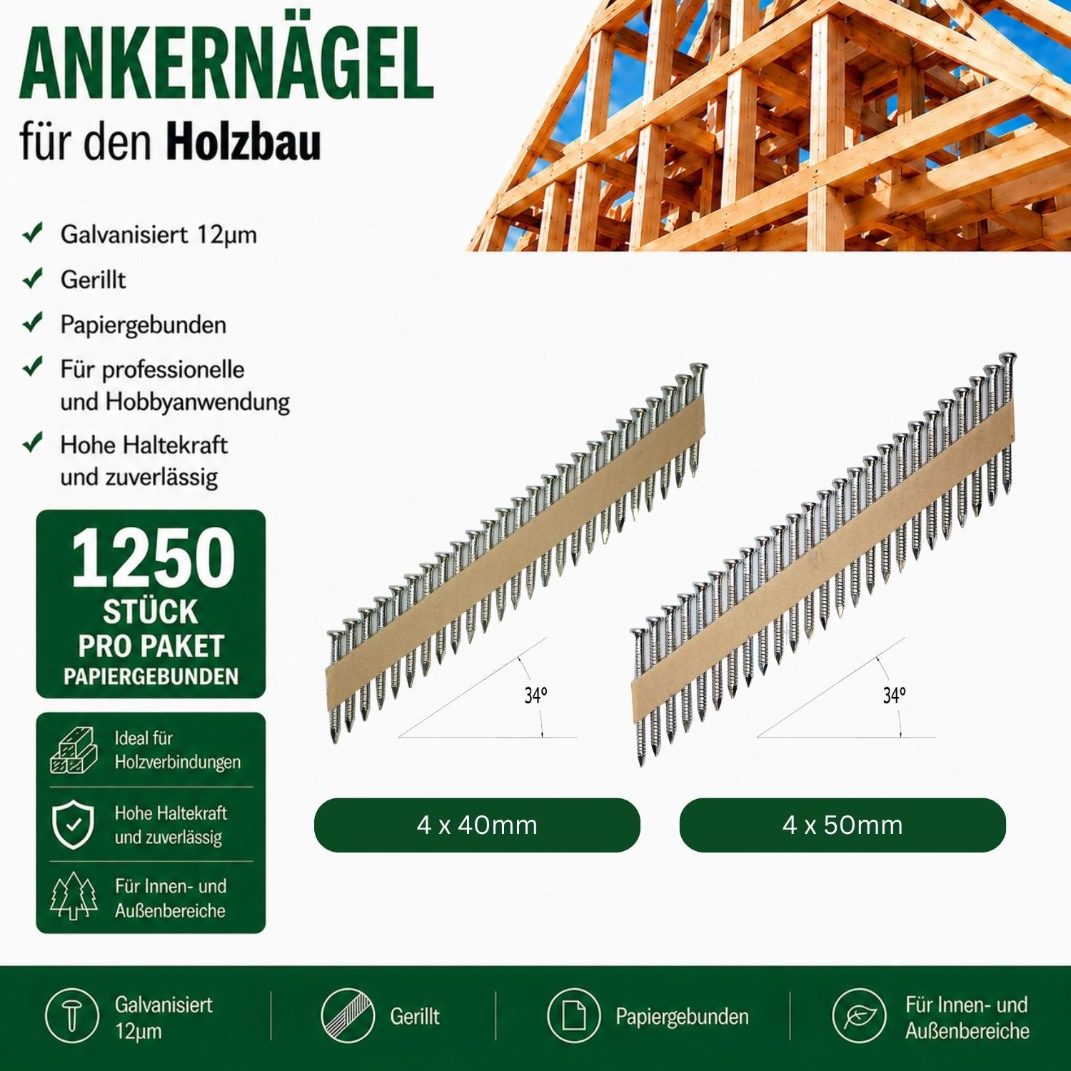 Ankernägel 1250 Stück 34° 40-50mm gerillt galvanisiert WS-Werkzeughandel
