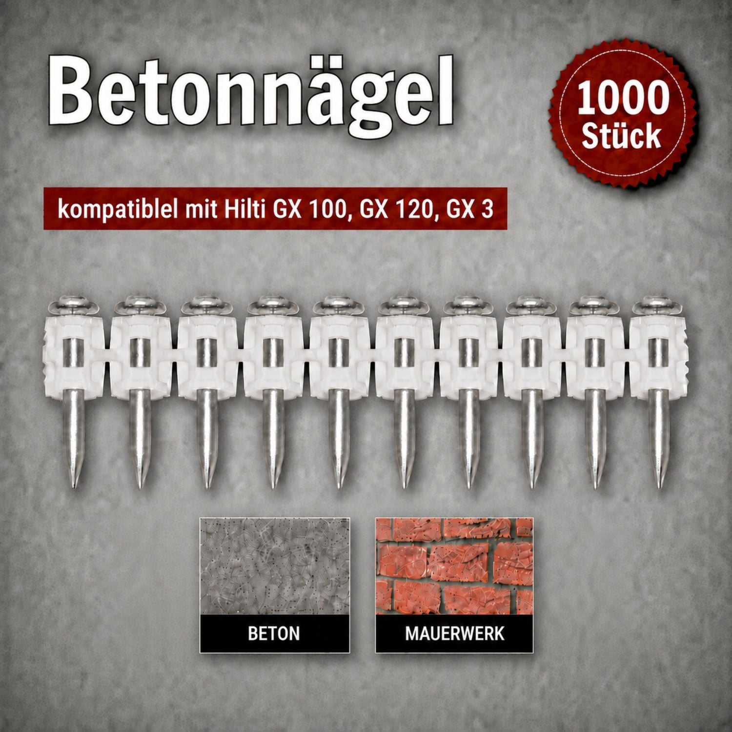 Betonnägel, 1000 Stück, kompatibel mit GX 100, GX 120 und GX 3, geeignet für Beton und Mauerwerk
