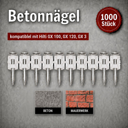 Betonnägel, 1000 Stück, kompatibel mit GX 100, GX 120 und GX 3, geeignet für Beton und Mauerwerk