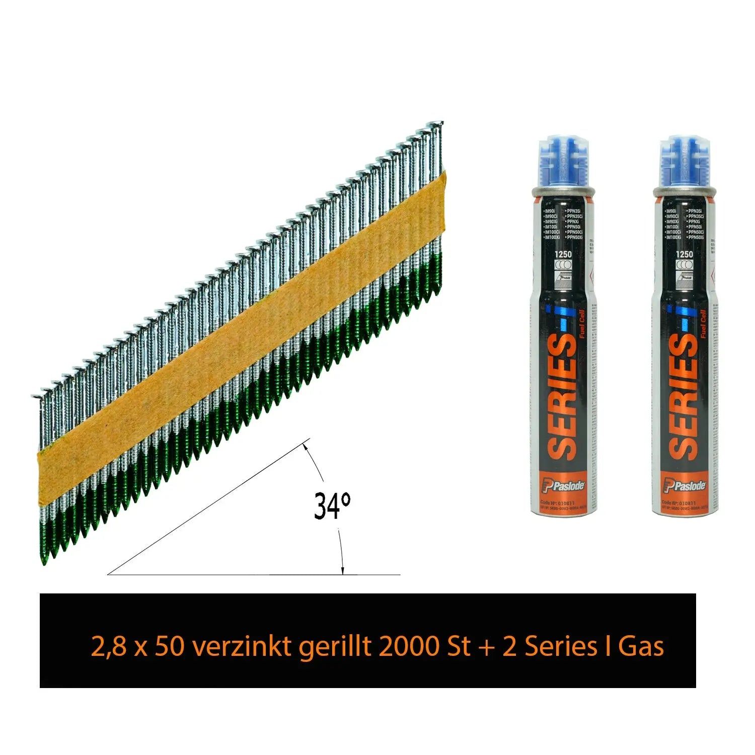 Streifennägel 2,8×50 mm 34° D-Kopf mit 2 Paslode Series I Gas
