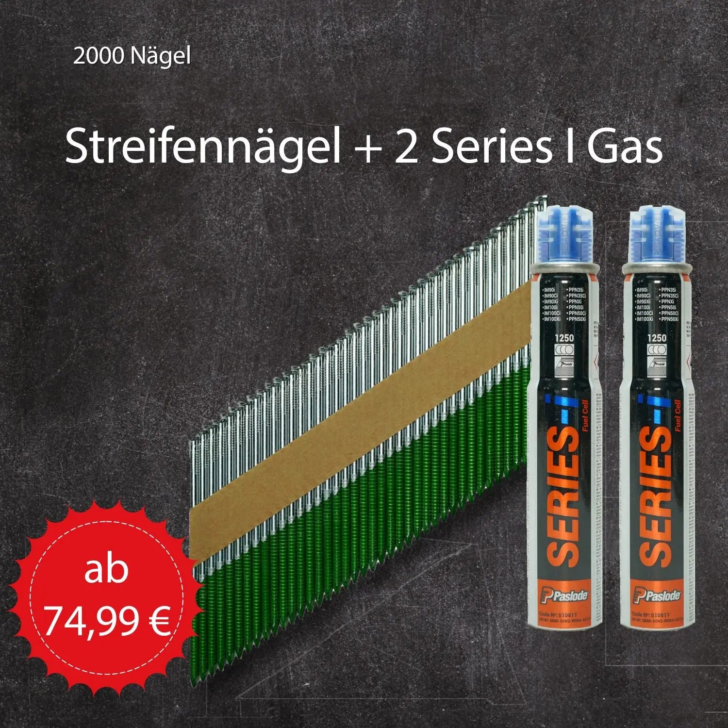 Streifennägel 34° D-Kopf in 2000 Stück wahlweise 3,1×90, 3,1×75, 2,8×63 oder 2,8×50 mm mit Papierbindung und 2 Paslode Series I Gas