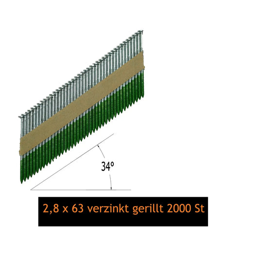 Streifennägel 2,8 x 63mm, 2000 St +2 St Series I Gas, verzinkt, gerillt 34° D-Kopf für IM90 BeA Senco Prebena Hikoki Milwaukee Hilti WS-Werkzeughandel