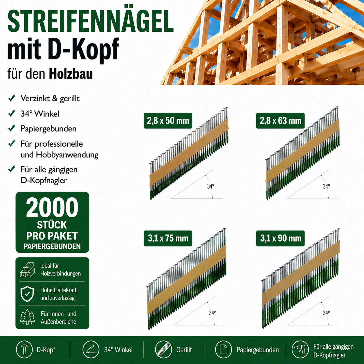 Streifennägel 34° 2000 St. D-Kopf verzinkt & gerillt WS-Werkzeughandel
